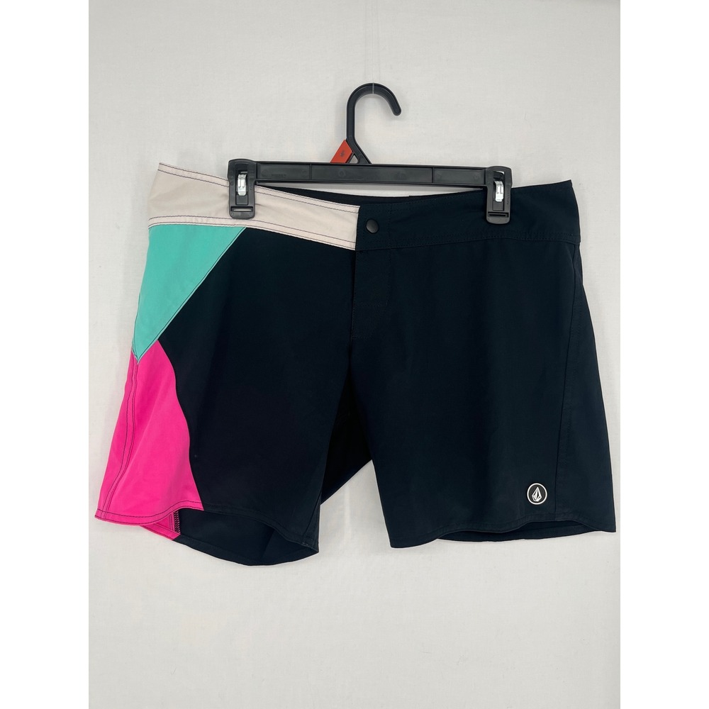 Volcom Simply Solid 7 Board Shorts Womens 11 Colorblock Black Pink Teal 00821508
